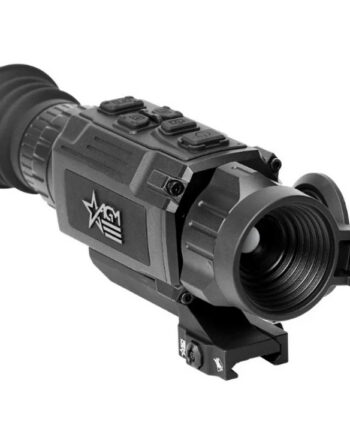 Rifle optic with magnifier attached to a rail, featuring top control buttons and a large front lens.