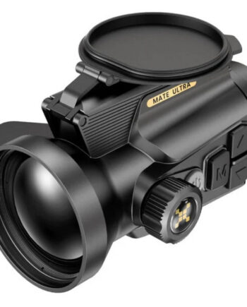 Matte black riflescope with a large front lens and side adjustment dials.