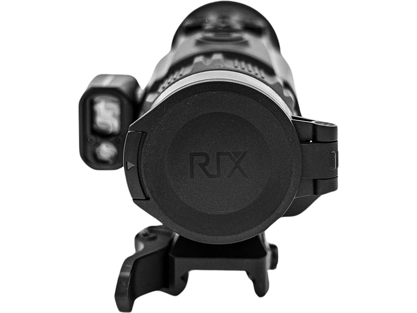 Close-up of a black camera lens from the rear, with the cap showing the RX branding.