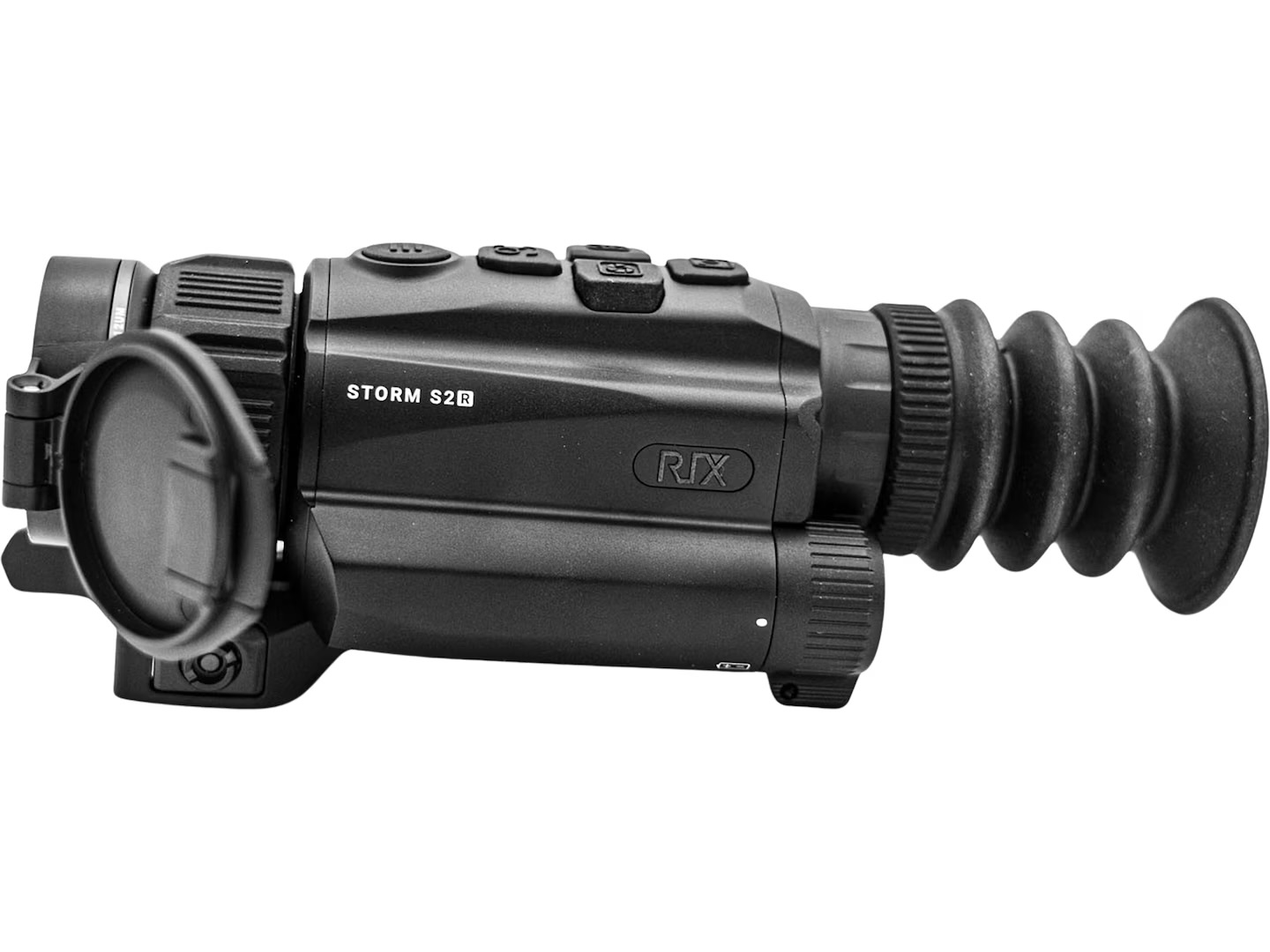 Close-up of a black rifle scope with an adjustable eyepiece and lens hood, labeled STORM S2R, used for aiming a firearm