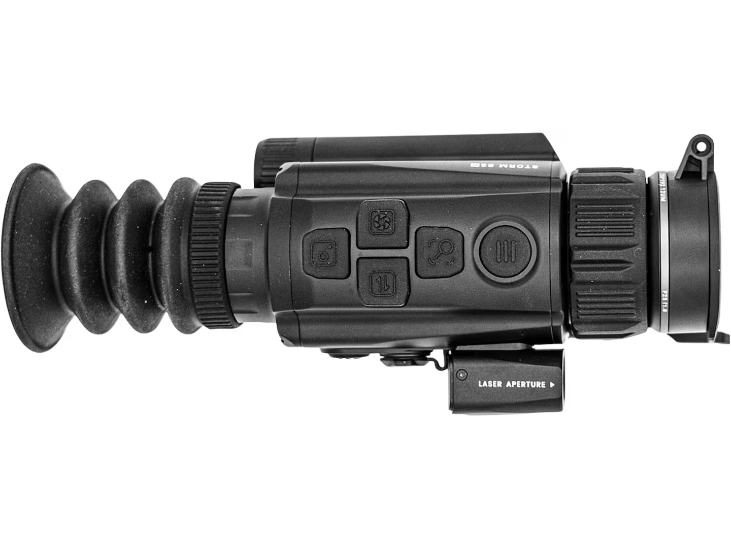Black compact video/optical device with several control buttons and a laser aperture module mounted beneath it, photographed in profile.