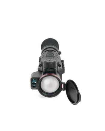 Close-up of a large camera lens with a attached hood, viewed from below against a white background.